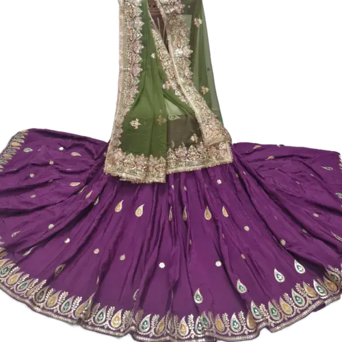 Mehndi Color Silk Lehenga Set With Chiffon Odhani